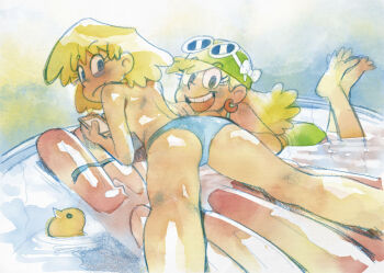 2girls ass bikini blonde_hair blue_eyes inflatable_raft inflatable_toy leni_loud looking_at_viewer lori_loud medium_hair multiple_girls nickelodeon pool ramb_chop siblings sisters swimsuit the_loud_house topless_female