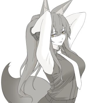 1girl :p animal_ear_fluff animal_ears arknights armpits arms_up bare_arms bare_shoulders closed_mouth collared_shirt commentary fox_ears fox_girl fox_tail franka_(arknights) gloves greyscale hair_between_eyes highres kyoro_(kyoroillust) light_smile long_hair looking_at_viewer monochrome necktie shirt simple_background sleeveless sleeveless_shirt solo spot_color tail tongue tongue_out upper_body white_background yellow_eyes