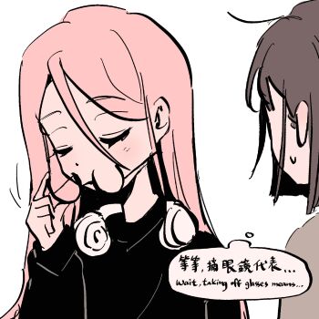 2girls alien_stage bilingual_text black_hair black_sweater chinese_text coldmeow commentary english_text glasses highres long_hair loose_hair_strand mixed-language_text mizi_(alien_stage) multiple_girls pink_hair removing_eyewear sua_(alien_stage) sweater traditional_chinese_text
