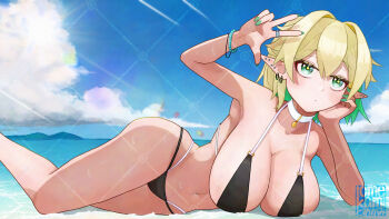 1girl alternate_costume beach bead_bracelet beads bikini black_bikini blonde_hair blue_sky blush bracelet breasts cleavage closed_mouth cloud day earrings feet_out_of_frame fingernails green_eyes green_nails hair_intakes hand_on_own_cheek hand_on_own_face highres jewelry large_breasts looking_at_viewer lying mizuhashi_parsee ocean on_side outdoors pointy_ears ring short_hair sky solo swimsuit tomekami touhou w water watermark watermark_grid