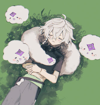 1boy ahoge black_shirt closed_eyes cloud commentary_request cowboy_shot cropped_shirt frown fur_scarf green_background grey_pants highres komiroku lying male_focus murakumo_kagetsu murakumo_kagetsu_(1st_costume) nijisanji on_back pants shadow shirt short_hair short_sleeves simple_background sketch solo virtual_youtuber watakumo_(murakumo_kagetsu) white_hair