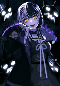 Rule 34 | 1girl, alexaniel, artist name, black choker, black coat, black dress, black hair, breasts, choker, cleavage, coat, dress, grey hair, hololive, hololive english, large breasts, long hair, looking at viewer, multicolored hair, open mouth, ribbon, shiori novella, shiori novella (1st costume), solo, split-color hair, teeth, two-tone hair, upper teeth only, virtual youtuber, white ribbon, yellow eyes, yorick (shiori novella)