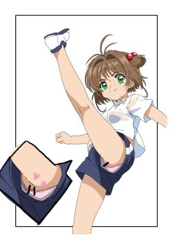 bar_censor breasts brown_hair cardcaptor_sakura censored gym_shorts gym_uniform hair_bobbles hair_ornament kinomoto_sakura leg_up loli nipples panties panty_peek panty_slip pokopokopokotan pussy see-through_clothes see-through_shirt shirt short_hair shorts sweat underwear
