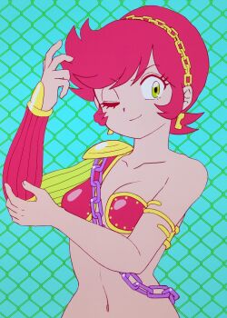 1girl aqua_background armlet armor asymmetrical_armor benten_(urusei_yatsura) bikini_armor breasts chain cleavage closed_mouth collarbone commentary_request earrings green_eyes hand_on_own_elbow hand_up highres jewelry medium_breasts mizutani_kenta navel one_eye_closed red_armor red_hair short_hair shoulder_armor smile solo upper_body urusei_yatsura