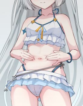 1girl :| bikini bikini_skirt blue_bikini breasts cameltoe closed_mouth collarbone commentary english_commentary female_tyrant_(stella_sora) female_tyrant_(swimsuit)_(stella_sora) frilled_bikini frills gluteal_fold grey_hair hands_on_own_stomach head_out_of_frame highres key long_hair mer_lynn navel official_alternate_costume simple_background small_breasts solo spread_navel standing stella_sora stomach_focus swimsuit thigh_gap thighs tyrant_(stella_sora) very_long_hair white_background white_bikini wristband
