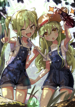 2girls :d ;d absurdres beetle blue_archive blue_overalls bug butterfly_net diffraction_spikes fang flat_chest green_hair green_halo halo hand_net hat highres hikari_(blue_archive) holding holding_bug holding_butterfly_net insect long_hair multiple_girls nozomi_(blue_archive) one_eye_closed open_mouth outdoors overall_shorts overalls pointy_ears shirt siblings signature sisters skin_fang smile sparkle sparkling_aura straw_hat thomason366 twins twintails v white_shirt yellow_eyes