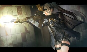 1girl alva_(girls'_frontline_2) an-94_(girls'_frontline) bayonet blonde_hair blue_eyes blue_gloves closed_mouth commentary commission english_commentary firing girls'_frontline girls'_frontline_2:_exilium gloves gun highres holding holding_gun holding_weapon letterboxed maxturbo69 night_vision_device ponytail scope short_shorts shorts solo tile_wall tiles weapon white_shorts