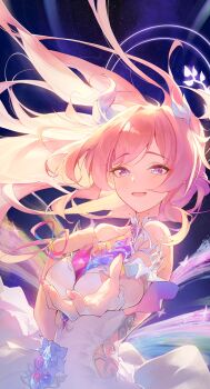 1girl absurdres armlet bare_shoulders breasts commentary cyrene_(honkai:_star_rail) cyrene_(ripples_of_past_reverie)_(honkai:_star_rail) diamond-shaped_pupils diamond_(shape) fingernails halo halo_behind_head highres honkai:_star_rail honkai_(series) jewelry long_hair looking_at_viewer medium_breasts nail_polish open_mouth outstretched_arm pink_hair pink_nails purple_eyes smile smile12190 solo symbol-shaped_pupils upper_body