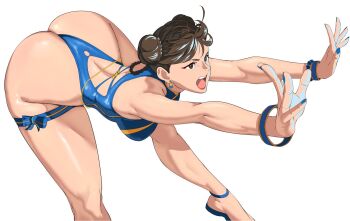 1girl ass back_cutout bent_over blue_nails blue_one-piece_swimsuit bracelet braid braided_hair_rings capcom chun-li clothing_cutout double_bun earrings hair_bun hair_rings highleg highleg_one-piece_swimsuit highres huge_ass jewelry kikouken octavius_(octavius_dp) official_alternate_costume official_alternate_hairstyle one-piece_swimsuit open_mouth simple_background solo street_fighter street_fighter_6 swimsuit thighs