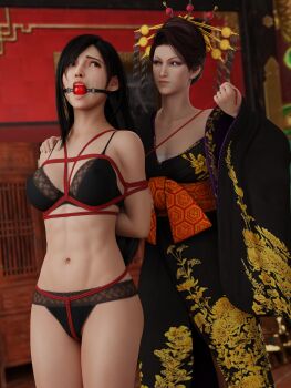 2girls 3d absurdres arms_behind_back ball_gag bdsm black_hair bondage bound bra breasts final_fantasy final_fantasy_vii final_fantasy_vii_remake gag gagged highres japanese_clothes kimono madam_m midriff multiple_girls navel panties red_eyes square_enix tifa_lockhart underwear waywardblue yuri