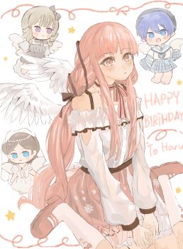 4girls absurdres angel_wings arm_cutout ascot barefoot bead_necklace beads beret black_bow black_dress black_hat blonde_hair blue_ascot blue_bow blue_eyes blue_hair blue_sailor_collar blue_skirt blue_sleeves blunt_bangs bow bow_choker bow_legwear bow_skirt bowtie bra_strap bridal_veil bride brown_bow brown_eyes brown_hair brown_ribbon cartoon_wings center_frills chibi choker circlet closed_mouth clothing_cutout commentary_request cross cross-laced_clothes cross-laced_legwear cross_necklace detached_sleeves dot_nose dress drill_hair english_text expressionless eyelashes feathered_wings frilled_sailor_collar frilled_shirt frilled_skirt frills frown full_body fur_sleeves gift_art grey_sleeves hair_beads hair_bow hair_ornament hair_over_shoulder hair_ribbon happy_birthday hat hexagram high-waist_skirt high_heels highres hire infinity_nikki jewelry kneehighs layered_skirt layered_sleeves light_blush long_hair long_sidelocks long_sleeves looking_at_viewer medium_dress medium_hair medium_skirt miaoliang01075 miniskirt multiple_girls necklace nikki_(nikki) nikki_(series) off-shoulder_shirt off_shoulder open_mouth perfect_start_(infinity_nikki) pink_bow pink_bowtie pink_choker pink_hair pink_shoes pink_skirt plaid_clothes plaid_skirt pleated_skirt print_skirt puffy_long_sleeves puffy_sleeves pumps purple_eyes ribbon sailor_collar see-through_clothes see-through_sleeves shirt shoes short_over_long_sleeves short_sleeves sidelocks simple_background single_stripe sitting skirt sleeves_past_fingers sleeves_past_wrists smile snowflake_print socks star_(symbol) star_necklace striped_bow striped_bowtie striped_choker striped_clothes striped_sleeves stylist_(nikki) tress_ribbon twin_drills two-tone_sleeves veil very_long_hair wariza wavy_hair white_background white_dress white_shirt white_skirt white_socks white_veil white_wings wings