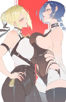 2girls absurdres arm_strap arms_behind_back asymmetrical_docking black_choker black_leotard black_pants black_thighhighs blonde_hair blue_eyes blue_eyeshadow blue_hair blush braid braided_base breast_press breasts bun_with_braided_base chest_harness choker closed_mouth clothing_cutout collared_shirt commentary cowboy_shot crescent crescent_earrings earrings english_commentary evelyn_chevalier eyeshadow face-to-face glaring hair_bun half-closed_eyes hand_on_own_hip harness high-waist_pants highres jewelry large_breasts leotard lips lipstick looking_at_another looking_down looking_up low_ponytail makeup mole mole_under_eye multiple_girls namacinaa navel navel_cutout necktie open_fly pants ponytail profile promeia_(zenless_zone_zero) red_background red_eyeshadow red_lips ring_hair_ornament shirt short_hair short_hair_with_long_locks short_shorts shorts sideboob simple_background skindentation sleeveless sleeveless_shirt smirk smug standing tassel thighhighs tight_clothes tight_pants twitter_username white_background white_shirt white_shorts wing_collar yellow_necktie zenless_zone_zero zettai_ryouiki