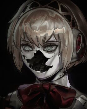 1girl aigis_(persona) android black_background blonde_hair bow bowtie chapinor cracked_face cracked_skin gold_hairband grey_eyes hairband highres looking_ahead persona persona_3 portrait red_bow red_bowtie robot_ears short_hair simple_background solo
