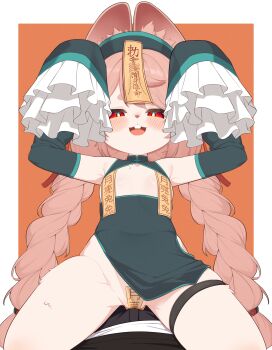 1boy 1girl :3 animal_ear_fluff animal_ears animal_nose armpits arms_up black_sleeves blush body_fur border braid bright_pupils china_dress chinese_clothes clothing_cutout covered_navel detached_sleeves dress flat_chest frilled_sleeves frills furry furry_female green_dress green_sleeves groin half-closed_eyes hands_up hat jiangshi jiangshi_costume kneeling loli long_hair long_sleeves looking_at_viewer maru039 ofuda open_mouth orange_background outside_border pasties pelvic_curtain pink_hair pov qingdai_guanmao rabbit_girl red_eyes short_eyebrows simple_background sleeveless sleeveless_dress sleeves_past_fingers sleeves_past_wrists smile solo solo_focus straddling talisman teeth thigh_strap thighs twin_braids twintails two-tone_background upper_teeth_only very_long_hair white_border white_pupils zenless_zone_zero zhao_(zenless_zone_zero)