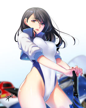 1girl black_hair blurry brown_eyes closed_umbrella commentary_request contrapposto covered_navel cropped_jacket depth_of_field fundoshi_inao highleg highleg_leotard highleg_one-piece_swimsuit jacket leotard lips long_hair looking_at_viewer motor_vehicle motorcycle nail_polish one-piece_swimsuit original planted planted_umbrella race_queen revision signature solo standing swimsuit umbrella white_jacket white_one-piece_swimsuit