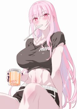 1girl absurdres artist_name black_nails black_shirt black_shorts blush breasts collarbone commentary fingernails highres holding holding_spoon hololive hololive_english kamiya_maneki knees large_breasts long_hair looking_at_viewer midriff mori_calliope mouth_hold nail_polish navel pink_eyes pink_hair shirt short_sleeves shorts signature simple_background solo spoon stomach sweat thighs twitter_username virtual_youtuber white_background