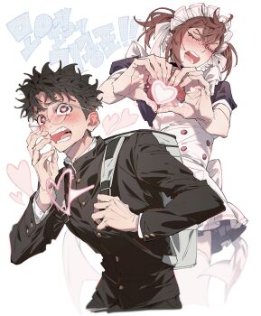 1boy 1girl apron ayase_momo backpack bag black_choker black_dress black_hair black_jacket blush bow bowtie brown_hair choker closed_eyes commentary crossed_bangs dandadan dress ear_blush embarrassed frilled_hairband frills gakuran glasses hair_between_eyes hairband heart heart-shaped_pupils heart_hands highres holding_strap jacket kami_high_school_uniform maid maid_apron maid_headdress messy_hair moe_moe_kyun! official_alternate_costume oooo971028 open_mouth pink_bow pink_bowtie round_eyewear school_uniform short_hair short_sleeves sweatdrop symbol-only_commentary symbol-shaped_pupils takakura_ken_(dandadan) thighhighs twintails white_apron white_hairband white_thighhighs