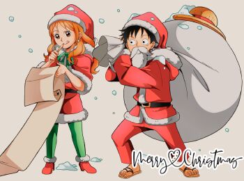 1boy 1girl :q absurdres belt belt_buckle black_hair buckle capelet chandllucky christmas closed_mouth commentary dress earrings facial_scar fake_beard fake_facial_hair fake_mustache full_body fur-trimmed_capelet fur-trimmed_dress fur-trimmed_headwear fur-trimmed_jacket fur-trimmed_shoes fur_trim green_pantyhose green_ribbon hat heart highres holding holding_paper holding_pencil holding_sack jacket jewelry long_hair looking_at_another merry_christmas monkey_d._luffy nami_(one_piece) neck_ribbon one_piece orange_hair over_shoulder pants pantyhose paper pearl_earrings pencil pom_pom_(clothes) red_capelet red_dress red_jacket red_pants red_shoes ribbon sack sandals santa_costume santa_hat scar scar_on_cheek scar_on_face shoes simple_background snow snowing standing straw_hat tongue tongue_out unworn_hat unworn_headwear wavy_hair
