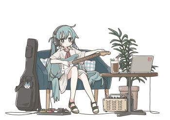 1girl amplifier aqua_eyes aqua_hair cable computer couch cup drink drinking_straw east_sha2 electric_guitar guitar guitar_case hatsune_miku headphones highres holding instrument instrument_case laptop long_hair neck_ribbon plant potted_plant red_ribbon ribbon sandals shirt simple_background sitting solo table twintails very_long_hair vocaloid white_background