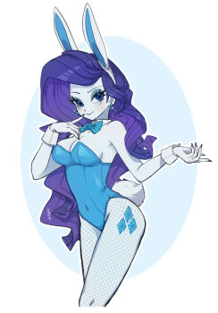 1girl animal_ear_hairband animal_ears arched_back armpit_crease bare_arms bare_shoulders blue_background blue_bow blue_bowtie blue_eyes blue_eyeshadow blue_leotard blush border bow bowtie breasts choco_hosikawa cleavage closed_mouth colored_skin commentary_request contrapposto covered_navel cowboy_shot curly_hair cutie_mark detached_collar diamond_earrings earrings eyeshadow fake_animal_ears fake_tail finger_to_cheek fingernails fishnet_pantyhose fishnets hair_behind_ear hairband hand_on_own_chest hands_up index_finger_raised jewelry leg_tattoo leotard long_fingernails long_hair looking_at_viewer makeup medium_breasts my_little_pony my_little_pony:_equestria_girls my_little_pony:_friendship_is_magic outline outside_border pantyhose playboy_bunny purple_hair purple_nails rabbit_ear_hairband rabbit_ears rabbit_tail rarity_(equestria_girls) rarity_(my_little_pony) round_border sideboob simple_background smile solo sparkle standing strapless strapless_leotard tail tattoo traditional_bowtie v-shaped_eyebrows very_long_hair white_border white_hairband white_outline white_skin white_tail wristband