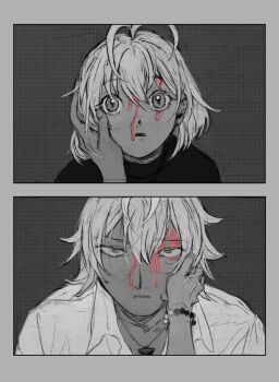1boy 1girl antenna_hair aohitsugi_nemu aohitsugi_samatoki bad_id bad_twitter_id bead_bracelet beads blood blood_from_forehead bracelet brother_and_sister character_request collared_shirt commentary_request copyright_request grey_background greyscale hair_between_eyes hand_on_another&#039;s_cheek hand_on_another&#039;s_face highres hypnosis_mic inactive_account jewelry kinuc looking_at_another looking_at_viewer monochrome necklace open_mouth shirt short_hair siblings spot_color upper_body upturned_eyes
