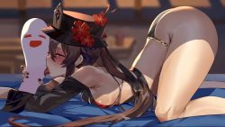 1girl animated ass ass_shake bed bikini blush breasts brown_hair club3 fellatio genshin_impact ghost hat hu_tao_(genshin_impact) huge_ass interior licking live2d long_hair oral phallic_symbol red_eyes small_breasts swimsuit thighs top-down_bottom-up twintails video
