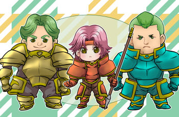 1girl 2boys absurdres aqua_armor armor armored_boots barthe_(fire_emblem) boots bors_(fire_emblem) fire_emblem fire_emblem:_the_binding_blade gold_armor gwendolyn_(fire_emblem) headband highres momojikutteyaru multiple_boys nintendo orange_armor pink_hair polearm red_headband weapon