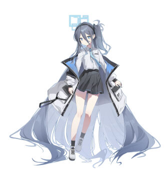 1girl absurdly_long_hair absurdres aqua_eyes aqua_halo aqua_necktie aris_(blue_archive) black_hairband black_skirt black_socks blue_archive blue_jacket breasts bright_pupils buttons closed_mouth collared_shirt cxiiii double-parted_bangs full_body grey_hair hair_between_eyes hairband halo highres jacket long_bangs long_hair long_hair_between_eyes long_sleeves looking_at_viewer multicolored_jacket necktie off_shoulder one_side_up open_clothes open_jacket pleated_skirt puffy_long_sleeves puffy_sleeves rectangular_halo ringed_eyes school_uniform shirt shirt_tucked_in shoes simple_background skirt small_breasts smile socks solo tie_clip two-sided_fabric two-sided_jacket unzipped very_long_hair white_background white_jacket white_pupils white_shirt white_shoes zipper