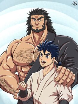 Rule 34 | 2469samurai general, 2boys, absurdres, arm hair, bara, bare pectorals, beard, black hair, blue eyes, blue hair, chest hair, closed mouth, commentary request, cross scar, facial hair, hadanugi dousa, hand on another's shoulder, highres, huge pectorals, jujutsu kaisen, large hands, long hair, male focus, multiple boys, muscular, muscular male, mustache stubble, nipples, open kimono, open mouth, pectorals, scar, scar on face, scar on forehead, stubble, variant set, zen'in jinichi, zen'in ranta