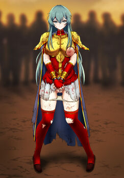 Rule 34 | 1girl, aqua eyes, aqua hair, armor, blood, blood in hair, blood on arm, blood on clothes, blood on face, blood on hands, blood on leg, blue cape, breasts, broken armor, bruise, cape, captured, commentary request, defeat, eirika (fire emblem), exhibitionism, female pubic hair, fire emblem, fire emblem: the sacred stones, gloves, gluteal fold, gold armor, hair between eyes, highres, humiliation, injury, large breasts, long hair, looking at viewer, nintendo, nipples, nude, one breast out, panties, panty pull, pubic hair, public indecency, pussy juice, sakurein, shoulder armor, skirt, solo focus, surrounded, thighs, torn cape, torn clothes, torn skirt, underwear, very long hair, white panties, white skirt
