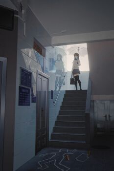 1girl absurdres bag black_bag black_thighhighs blue_bow blue_bowtie bow bowtie brown_hair cardigan chalk_outline chinese_commentary commentary_request crime_scene door evidence_markers full_body grey_skirt hand_up highres holding holding_umbrella indoors long_hair miniskirt original pleated_skirt reflection reflective_wall scenery school_bag shirt skirt solo stairs standing thighhighs tile_wall tiles transparent transparent_umbrella umbrella wang-xi white_shirt wide_shot yellow_cardigan zettai_ryouiki