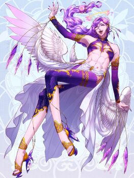 1boy :d abs angel_wings ankle_garter arm_warmers bare_shoulders blue_background capri_pants chain_paradox charles_asta clothing_cutout crop_top ctansuikabutsu earrings fangs fingernails floating_hair flower full_body gem girly_boy gold_trim hair_flower hair_ornament half-closed_eye halo hand_up heart heart_tattoo high_heels highres jewelry long_hair looking_at_viewer low-tied_long_hair low_wings male_focus midriff nail_polish open_mouth pants pink_flower pointy_ears purple_eyes purple_gemstone purple_hair purple_nails purple_pants purple_shirt sandals sharp_fingernails shawl shirt sleeveless sleeveless_turtleneck smile solo stomach_tattoo swept_bangs tattoo teeth toeless_footwear toenail_polish toenails toned toned_male turtleneck waist_cape wavy_hair white_shawl white_wings wings yellow_pupils yellow_sandals