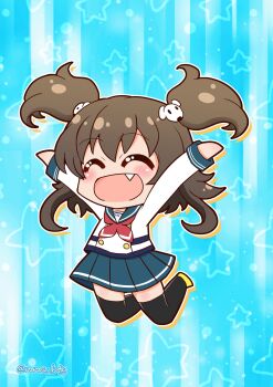 1girl :d ^_^ arms_up battle_girl_high_school black_thighhighs blue_background blue_skirt blush brown_hair chibi chibi_only closed_eyes dog_hair_ornament fang hair_ornament happy highres jumping long_hair minami_hinata neckerchief nna_btg open_mouth pleated_skirt red_neckerchief sailor_collar school_uniform skirt smile solo thighhighs twintails