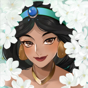 Rule 34 | 1girl, aladdin (movie), ano (sbee), arabian clothes, black hair, brown eyes, dark-skinned female, dark skin, earrings, flower, jasmine (disney), jewelry, long hair, looking at viewer, lowres, multi-tied hair, necklace, princess, smile, solo, very long hair