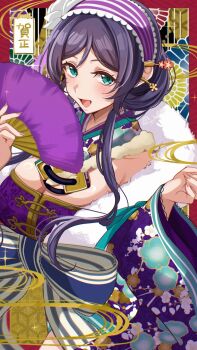 1girl alternate_costume breasts earrings green_eyes hand_fan highres holding holding_fan huge_breasts japanese_clothes jewelry kimono large_breasts looking_at_viewer love_live! love_live!_school_idol_project open_mouth pukonuu purple_hair purple_kimono solo standing tojo_nozomi twintails