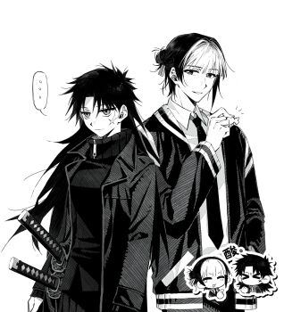 ... 1boy 1girl absurdres blunt_bangs candy cardigan chibi chibi_inset chinese_commentary coat collared_shirt commentary dress_shirt enten_(sword) food forehead genderswap genderswap_(ftm) genderswap_(mtf) greyscale hair_bun highres hinao_(kagurabachi) holding holding_candy holding_food kagurabachi katana long_hair looking_at_viewer monochrome multicolored_hair necktie open_clothes open_coat parted_bangs qingyao_u3u rokuhira_chihiro scar scar_on_face shirt simple_background smile split-color_hair spoken_ellipsis sweater sword turtleneck turtleneck_sweater two-tone_hair upper_body weapon zipper_pull_tab