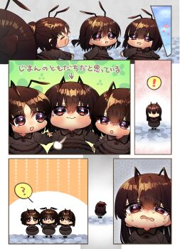 ! 4girls :d ? ant_girl antennae arrow_(symbol) arthropod_girl black_dress blush brown_eyes brown_hair chibi chibi_only closed_mouth collared_dress commentary_request crying dress hair_between_eyes harumina_mau highres long_hair long_sleeves main_ant_girl_(harumina_mau) multiple_girls open_mouth original short_hair smile spoken_exclamation_mark spoken_question_mark standing tears translation_request