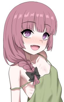 1girl bare_shoulders black_bow blush bocchi_the_rock! bow braid breasts collarbone commentary dress fang green_dress hair_bow hair_over_shoulder halulu highres hiroi_kikuri looking_at_viewer open_mouth pink_hair purple_eyes ringed_eyes simple_background single_braid sleeveless sleeveless_dress small_breasts smile solo spaghetti_strap strap_slip tareme upper_body white_background