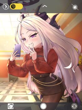 1boy 1girl ahoge black_halo black_skirt blue_archive blush breasts commentary_request demon_girl demon_horns demon_wings doodle_sensei_(blue_archive) halo highres hina_(blue_archive) horns indoors long_hair low_wings purple_eyes sensei_(blue_archive) skirt small_breasts standing tacos24185336 v very_long_hair white_hair wings