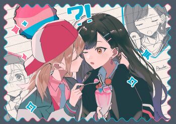 !? 2girls absurdres azusawa_kohane baseball_cap black_cardigan black_hair brown_hair cardigan closed_eyes collared_shirt commentary_request earrings feeding food grey_necktie hat highres ice_cream jewelry long_hair multiple_girls necktie one_eye_closed open_mouth orange_eyes pink_shirt project_sekai red_hat rexxxxder shiraishi_an shirt short_twintails sundae twintails yuri