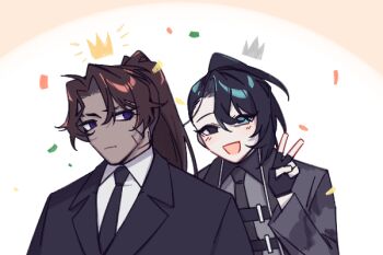 2boys black_eyes black_gloves black_hair black_jacket black_necktie black_shirt blush brown_hair collared_shirt dark-skinned_male dark_skin fingerless_gloves full-stop_office_(identity)_(project_moon) gloves hand_up heathcliff_(project_moon) high_ponytail hong_lu_(project_moon) jacket lapels limbus_company long_hair mercuryhx multiple_boys necktie notched_lapels open_mouth parted_bangs ponytail project_moon scar scar_on_face shirt smile v very_long_hair white_shirt