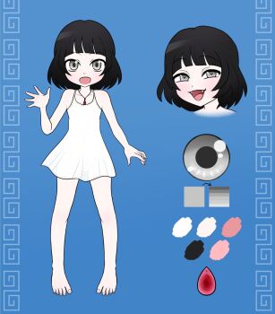 1girl :d artist_request bad_id bad_twitter_id barefoot black_hair blue_background blunt_bangs blush borrowed_character color_guide commentary commission dress english_commentary fangs feet grey_eyes hand_up heart heart-shaped_pupils highres jewelry loli looking_at_viewer multiple_views necklace open_mouth original reference_sheet ririsu_shinonome_(ririsu) see-through_clothes see-through_dress short_hair simple_background sleeveless sleeveless_dress smile standing symbol-shaped_pupils teardrop_necklace toes vampire white_dress