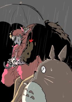 Rule 34 | 3boys, black coat, blonde hair, brothers, carrying, coat, commentary, crossover, donquixote doflamingo, donquixote rocinante, earrings, english commentary, grin, highres, holding, holding umbrella, jewelry, male focus, multiple boys, one piece, parody, piggyback, pink coat, rain, short hair, siblings, smile, sunglasses, tonari no totoro, totoro, totoro bus stop, umbrella, unidof