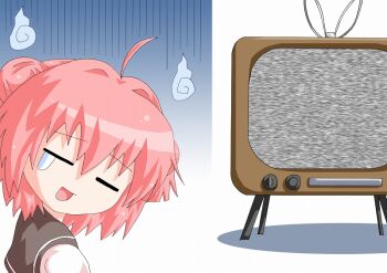 1girl =_= ahoge akaza_akari double_bun female_focus gloom_(expression) hair_bun hitodama kagerou_(kers) kers open_mouth pink_hair short_hair solo static tears television yuruyuri