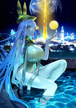 1girl animal_hat arm_at_side arm_support bare_arms bare_legs bare_shoulders bb_(fate) breasts caustics city_lights closed_mouth earth_(planet) fate/grand_order fate_(series) floating floating_hair floating_object from_side game_cg glowing gold_hat gold_leotard gold_ribbon golden_bb_(fate) hair_ribbon halterneck hand_up hat highleg highleg_leotard huge_breasts knee_up leotard long_hair long_ribbon long_sidelocks looking_at_viewer looking_to_the_side moon moon_(ornament) nail_polish neck_ribbon official_art planet pool poolside purple_hair rabbit_hat ribbon sidelocks single_sidelock sitting skyline soaking_feet solo space spoilers third-party_source two-sided_ribbon very_long_hair wada_arco water wet yellow_eyes