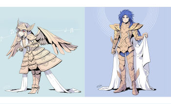 2boys armor armored_dress blue_eyes blue_hair boots cape cape_lift dress feathered_wings flute full_armor gemini_kanon gold_armor high_heel_boots high_heels highres holding holding_flute holding_instrument instrument leaning_forward long_hair looking_at_viewer metal_wings mizuhara_aki multiple_boys musical_note pauldrons purple_hair red_eyes ripples saint_seiya short_hair shoulder_armor smile sorrento split_screen trap white_cape wings