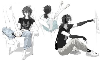 Rule 34 | 1girl, absurdres, armchair, bag, bare shoulders, barefoot, black gloves, black hair, black shirt, blue dress, blue pants, bookshelf, chair, chinese commentary, cigarette, collarbone, commentary request, crossed legs, deren (path to nowhere), dress, earrings, fingerless gloves, gloves, hair between eyes, headphones, heart, heart earrings, highres, holding, holding cigarette, jewelry, luori dianxin, multiple views, on chair, pants, parted lips, path to nowhere, ponytail, print shirt, profile, sandals, shirt, short sleeves, shoulder bag, simple background, sleeveless, sleeveless dress, smoking, socks, white background