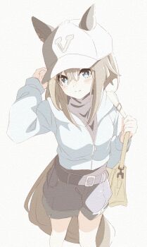 1girl animal_ears bag baseball_cap black_jacket black_shirt blue_eyes blue_shorts blush breasts brown_hair cheval_grand_(umamusume) closed_mouth ear_covers ears_through_headwear hair_between_eyes hakugitsu hat highres horse_ears horse_girl horse_tail jacket long_hair long_sleeves looking_at_viewer multicolored_hair shirt shorts shoulder_bag simple_background smile solo streaked_hair tail umamusume white_background white_hair white_hat
