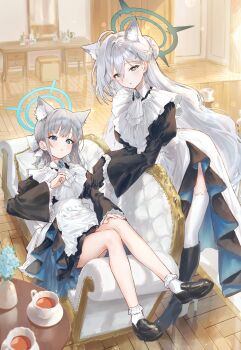 2girls absurdres animal_ear_fluff animal_ears apron ascot black_dress black_shoes blue_archive blue_eyes blue_halo boots commentary_request cross_hair_ornament dress eshineko frilled_apron frills green_halo grey_hair hair_ornament halo highres juliet_sleeves long_hair long_sleeves maid maid_apron medium_hair mismatched_pupils multiple_girls parted_lips puffy_sleeves shiroko_(blue_archive) shiroko_terror_(blue_archive) shoes socks thigh_boots thighhighs very_long_hair white_apron white_ascot white_socks white_thighhighs wolf_ears