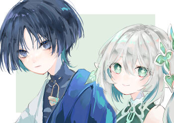 1boy 1girl absurdres bare_shoulders black_bodysuit black_eyes black_hair blue_cape blunt_ends bodysuit cape closed_mouth collar cross-shaped_pupils doodles double-parted_bangs dress expressionless eyelashes eyeliner eyeshadow frilled_collar frills genshin_impact green_dress green_eyes hair_between_eyes hair_ornament highres japanese_clothes kimono leaf leaf_hair_ornament looking_at_viewer makeup nahida_(genshin_impact) nanami_alice parted_bangs pointy_ears red_eyeliner red_eyeshadow scaramouche_(genshin_impact) side-by-side side_ponytail sidelocks smile symbol-shaped_pupils upper_body wanderer_(genshin_impact) white_background white_hair white_kimono